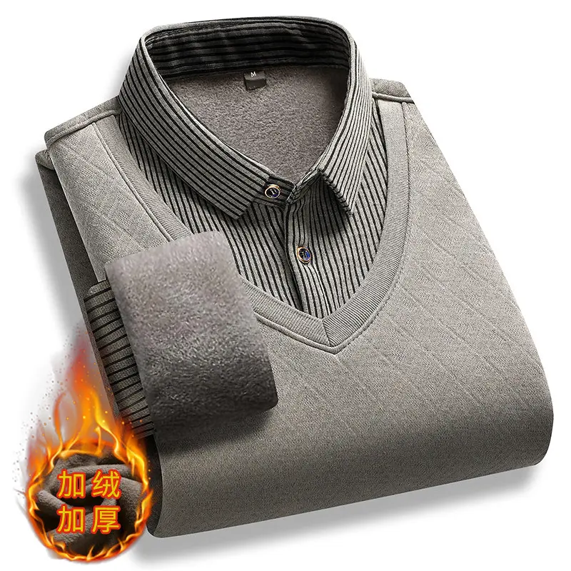 New Autumn Men Stripe Casual Twinset Shirts Sweaters Man Outwear Knitted Pullovers Male Fleece Warm Fake Two Pieces Sweaters 4XL
