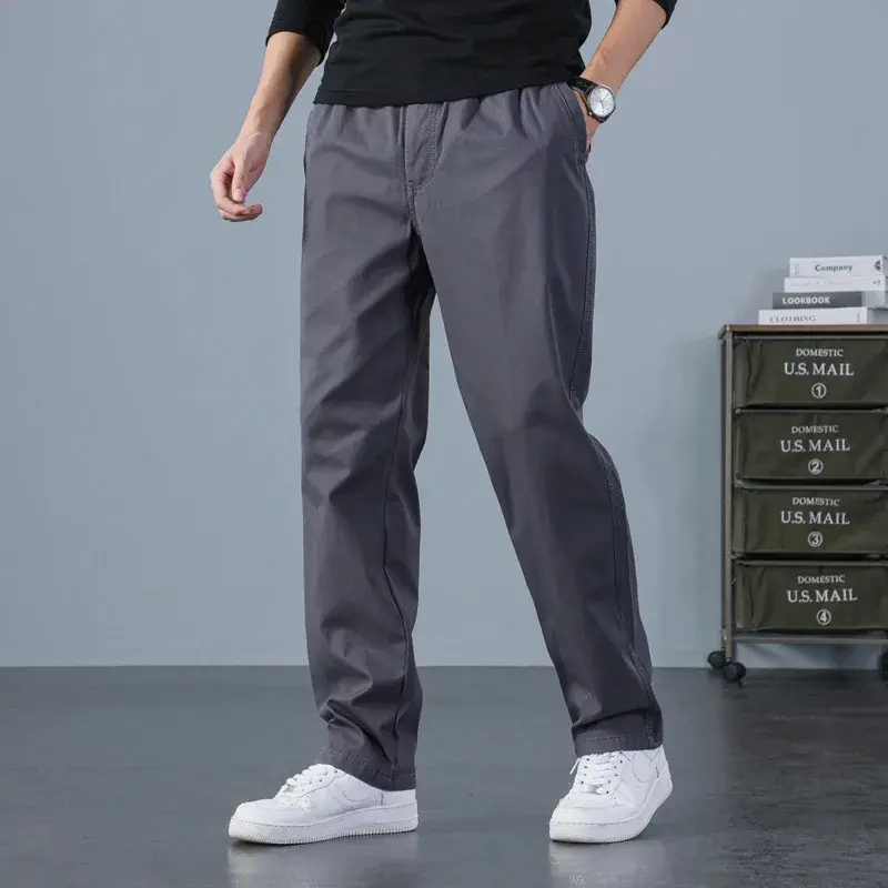 Good Quality Men Cotton Solid Casual Pants Loose Straight Trousers New Spring Autumn Male Elastic Waist Long Pants Large Size 6X