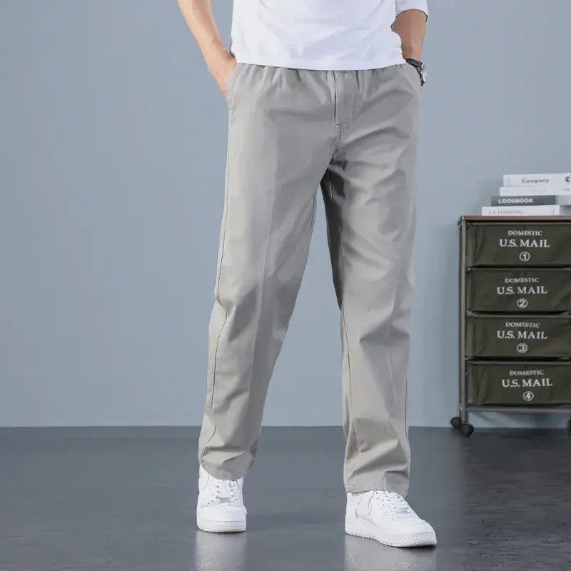 Good Quality Men Cotton Solid Casual Pants Loose Straight Trousers New Spring Autumn Male Elastic Waist Long Pants Large Size 6X