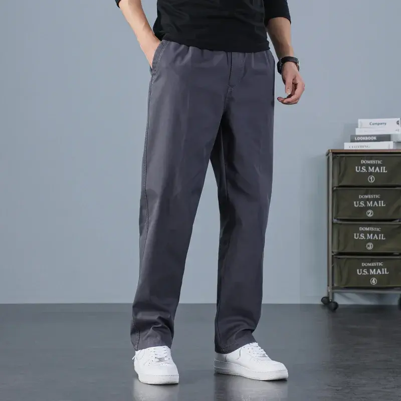 Good Quality Men Cotton Solid Casual Pants Loose Straight Trousers New Spring Autumn Male Elastic Waist Long Pants Large Size 6X