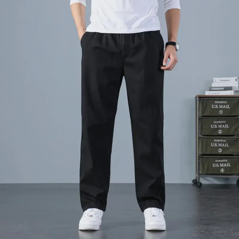 Good Quality Men Cotton Solid Casual Pants Loose Straight Trousers New Spring Autumn Male Elastic Waist Long Pants Large Size 6X