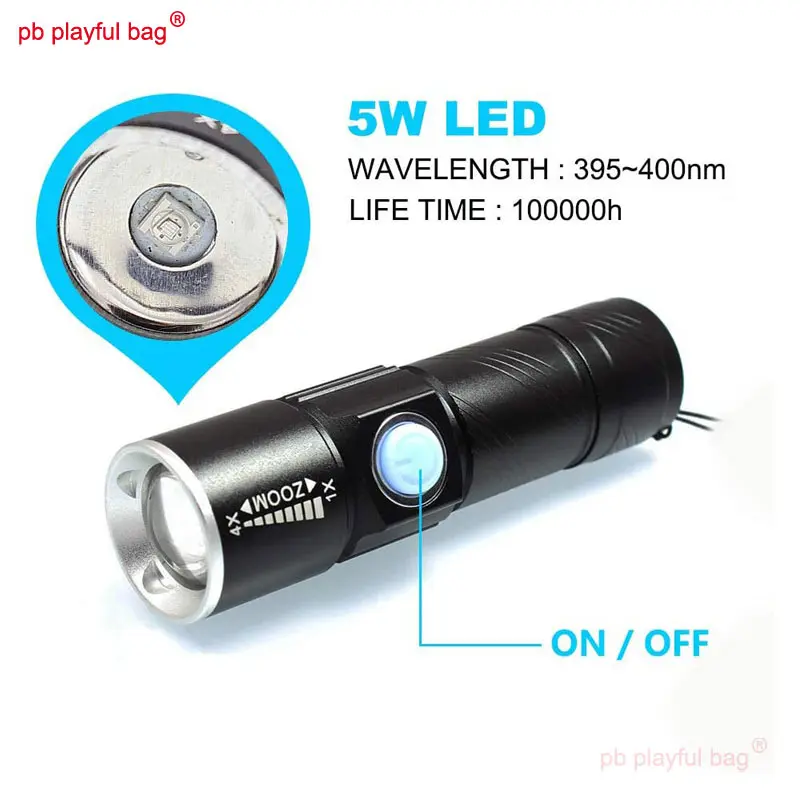 Outdoor Sport 395nm Purple Flashlight USB Charging LED UV Lamp Tactical Waterproof Mini Portable Toy Equipment parts QG427