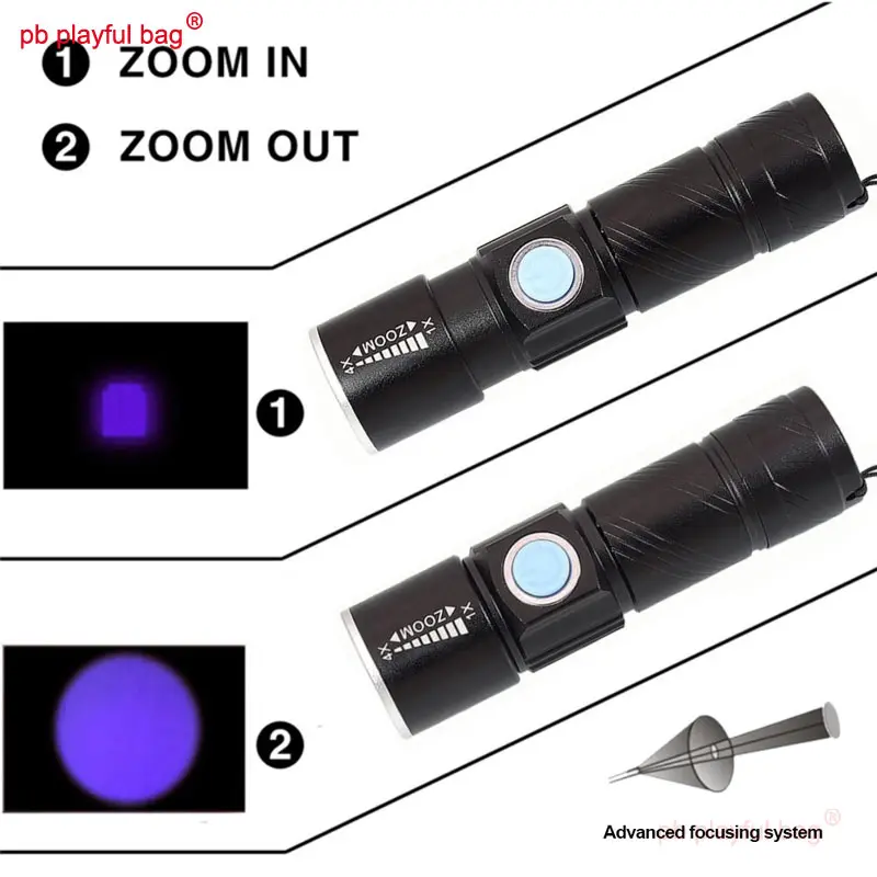 Outdoor Sport 395nm Purple Flashlight USB Charging LED UV Lamp Tactical Waterproof Mini Portable Toy Equipment parts QG427