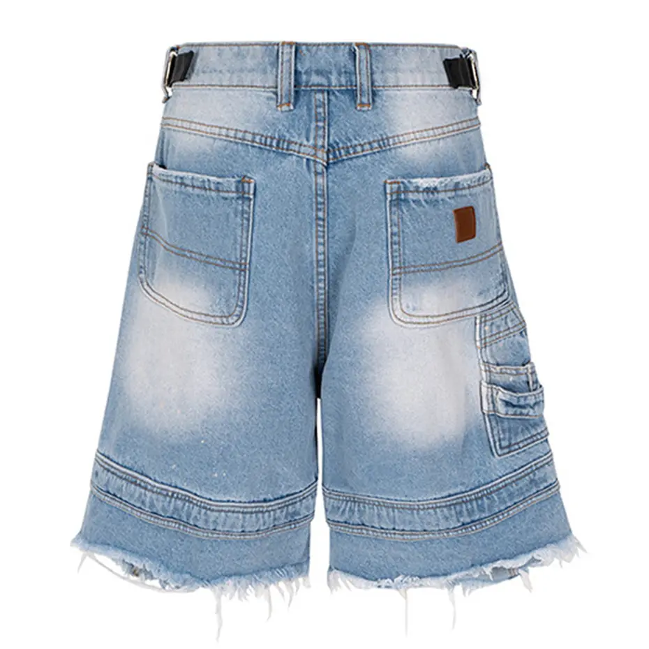 Streetwear Hip Hop Denim Shorts Ripped Patchwork Vintage Blue Jeans Shorts Wide Leg Loose Shorts Unisex