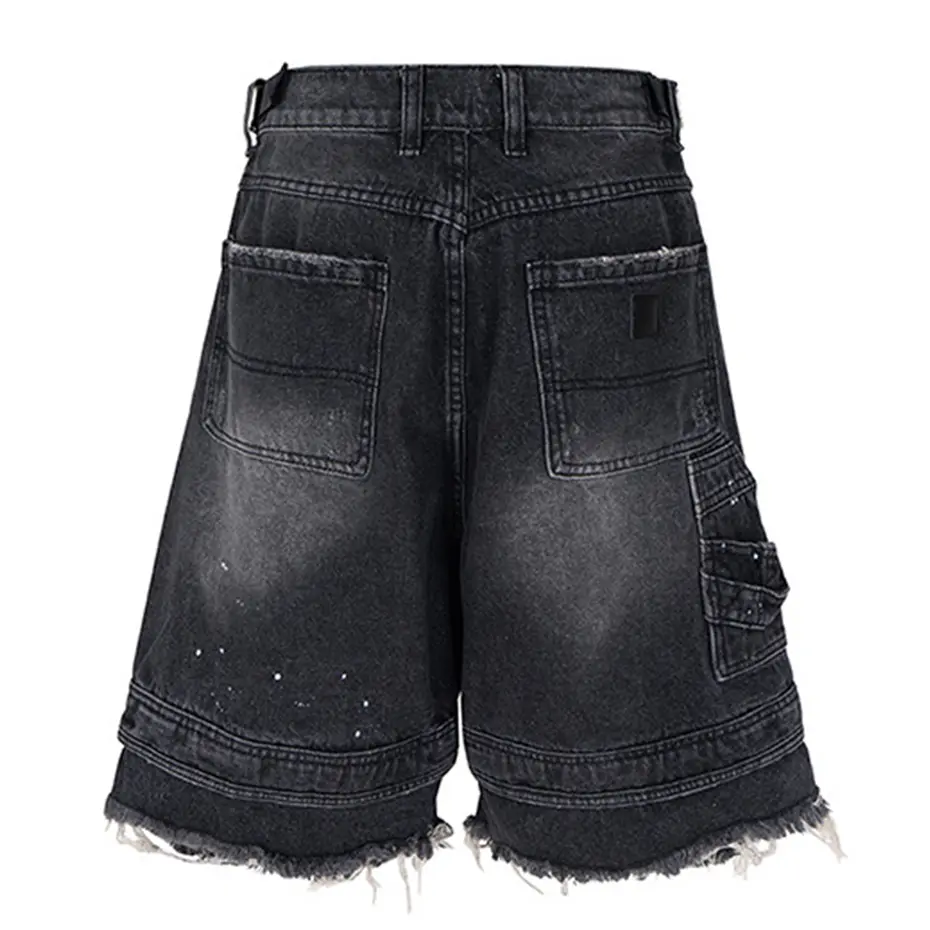 Streetwear Hip Hop Denim Shorts Ripped Patchwork Vintage Blue Jeans Shorts Wide Leg Loose Shorts Unisex