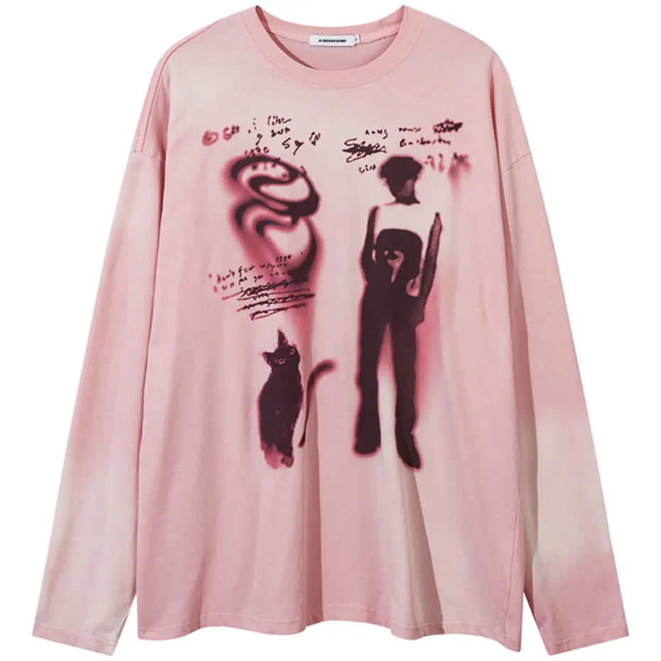 Men Vintage Long Sleeve T Shirt Cartoon Graphic Hip Hop Oversized T-shirt Unisex Casual Loose Tee Tops Streetwear Y2K Tshirt