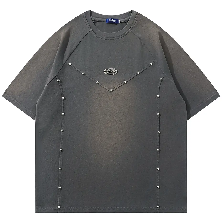 Punk Rivet T Shirts Patchwork Tee Tops 2024 Men Vintage Oversized Harajuku Hip Hop Streetwear T-shirt Casual Loose Cotton Tshirt