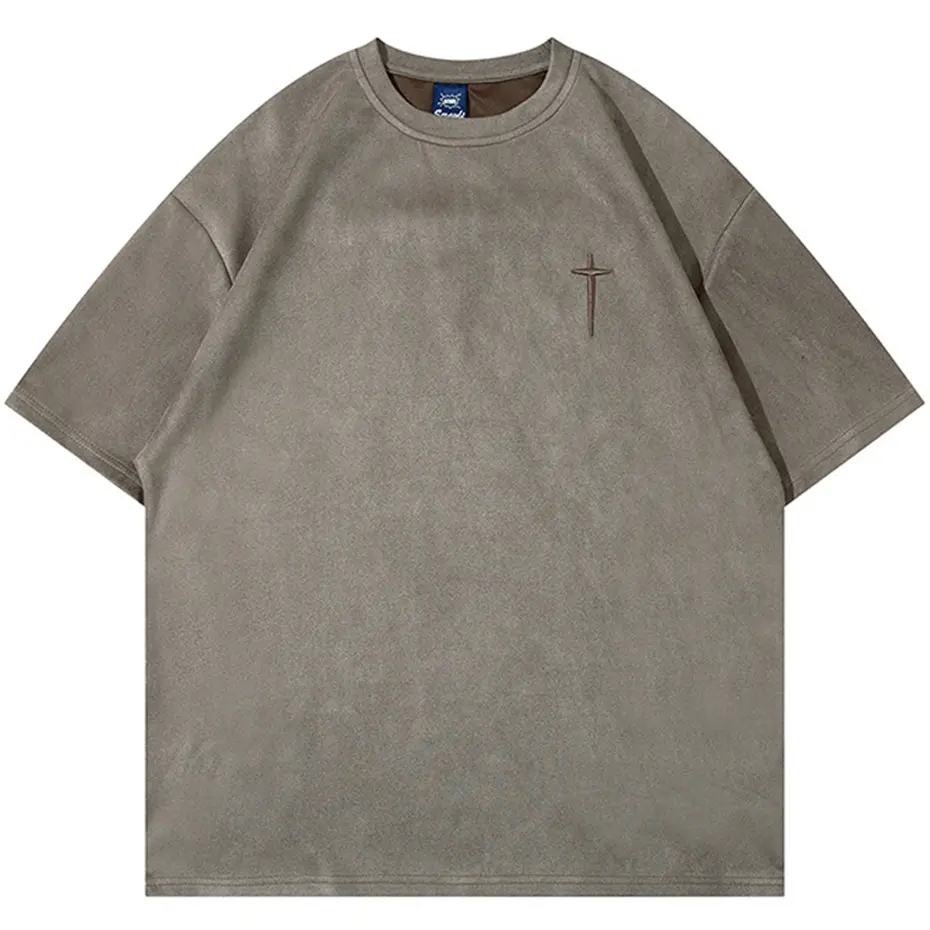 Hip Hop Suede T Shirts Letter Embroidery Oversized Harajuku Streetwear Tshirts 2023 Men Summer Loose Casual Tee Shirt Tops