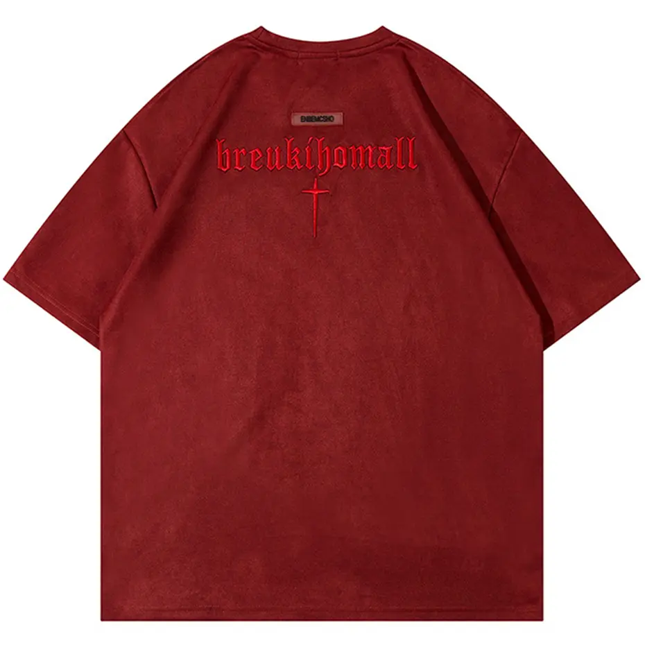 Hip Hop Suede T Shirts Letter Embroidery Oversized Harajuku Streetwear Tshirts 2023 Men Summer Loose Casual Tee Shirt Tops
