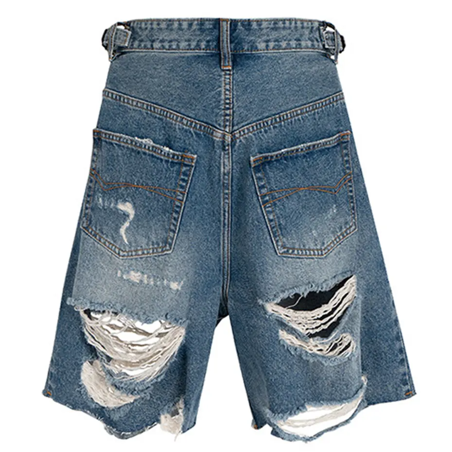 Summer Men's Ripped Denim Shorts Wide Leg Loose Blue Jeans Shorts Streetwear Harajuku Hip Hop Oversized Denim Shorts