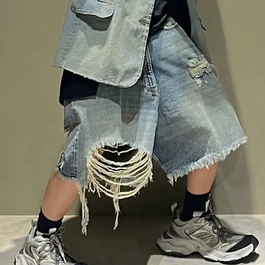 Summer Men's Ripped Denim Shorts Wide Leg Loose Blue Jeans Shorts Streetwear Harajuku Hip Hop Oversized Denim Shorts