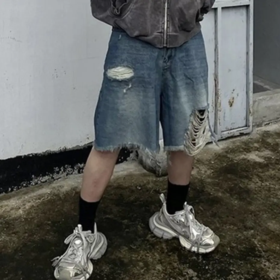 Summer Men's Ripped Denim Shorts Wide Leg Loose Blue Jeans Shorts Streetwear Harajuku Hip Hop Oversized Denim Shorts