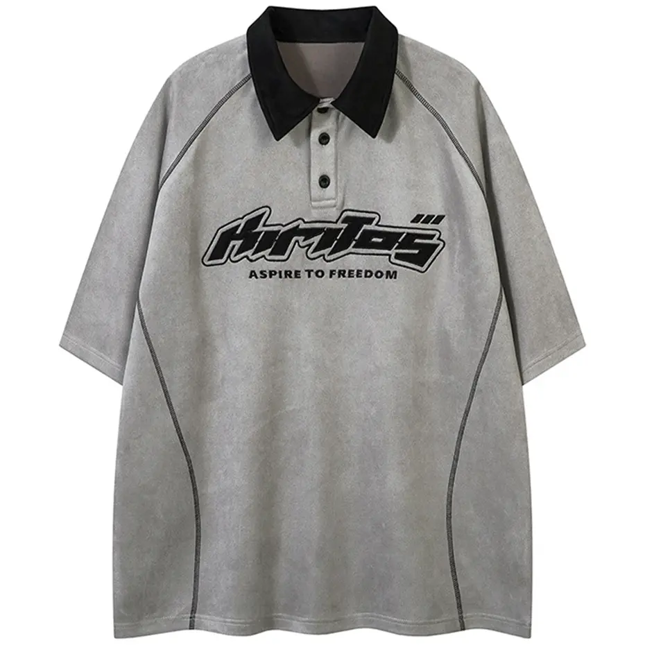 Letter Embroidery Suede T Shirts Men 2025 Summer Loose Casual Tee Tops Streetwear Harajuku Oversized Hip Hop T-shirts