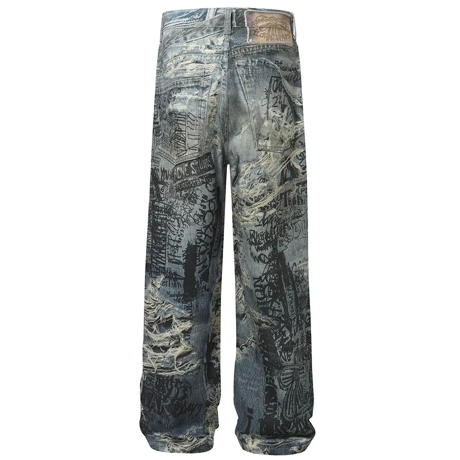 Distressed Ripped Graphic Jeans Streetwear Harajuku Hip Hop Baggy Jeans Men Loose Straight Denim Pants Vintage Jeans Trousers
