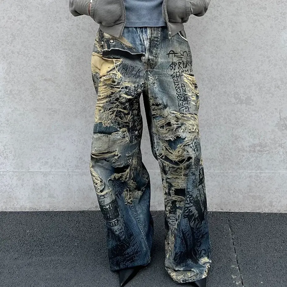 Distressed Ripped Graphic Jeans Streetwear Harajuku Hip Hop Baggy Jeans Men Loose Straight Denim Pants Vintage Jeans Trousers