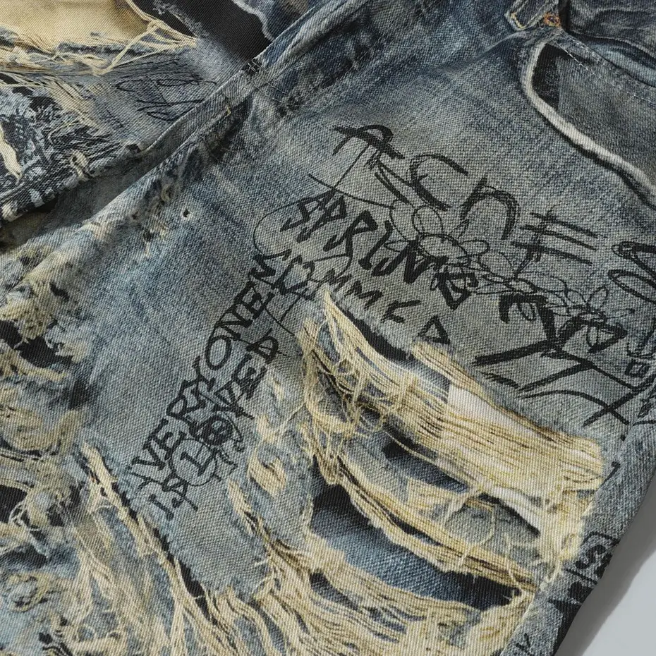 Distressed Ripped Graphic Jeans Streetwear Harajuku Hip Hop Baggy Jeans Men Loose Straight Denim Pants Vintage Jeans Trousers