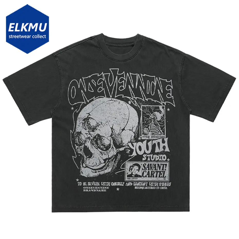 Washed Vintage Skulls Graphic T Shirts Men Streetwear Harajuku Oversized Hip Hop T-shirt Summer Casual Loose Cotton Tee Tops