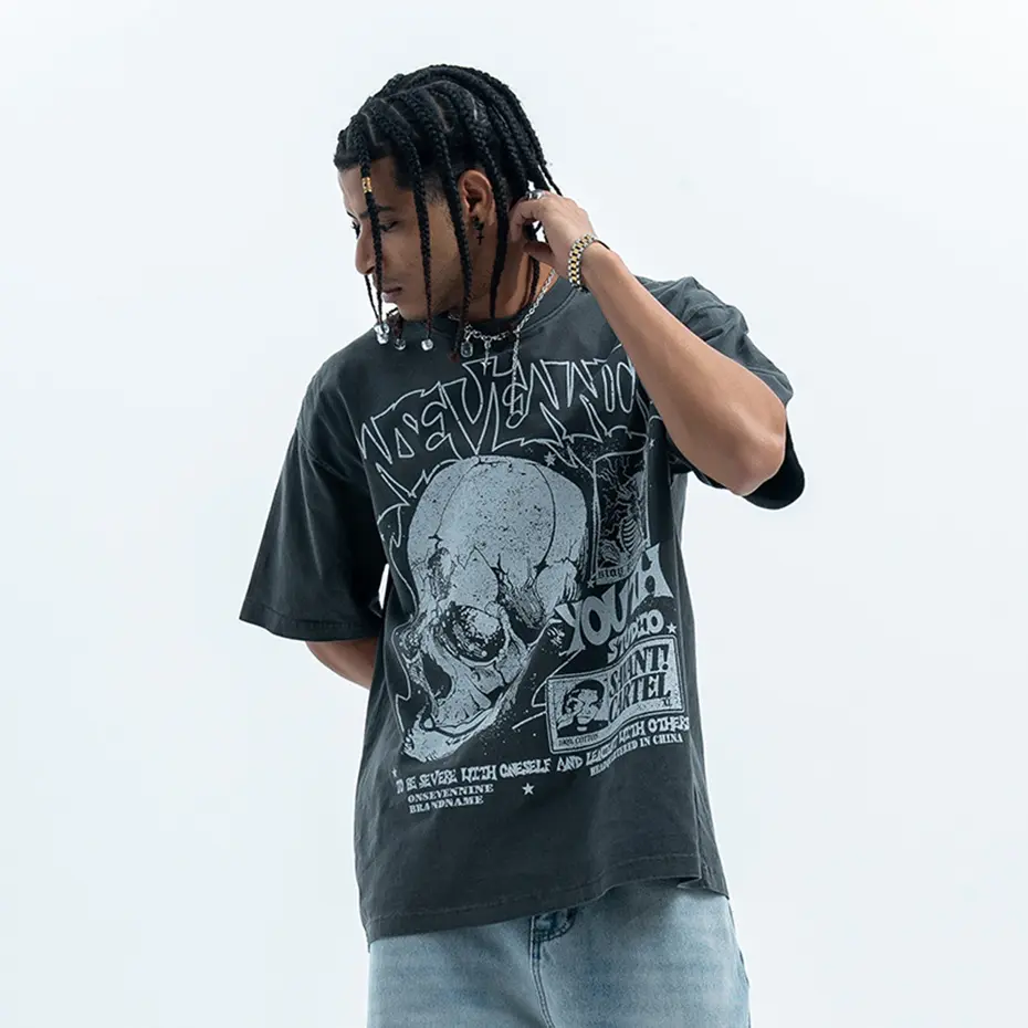 Washed Vintage Skulls Graphic T Shirts Men Streetwear Harajuku Oversized Hip Hop T-shirt Summer Casual Loose Cotton Tee Tops