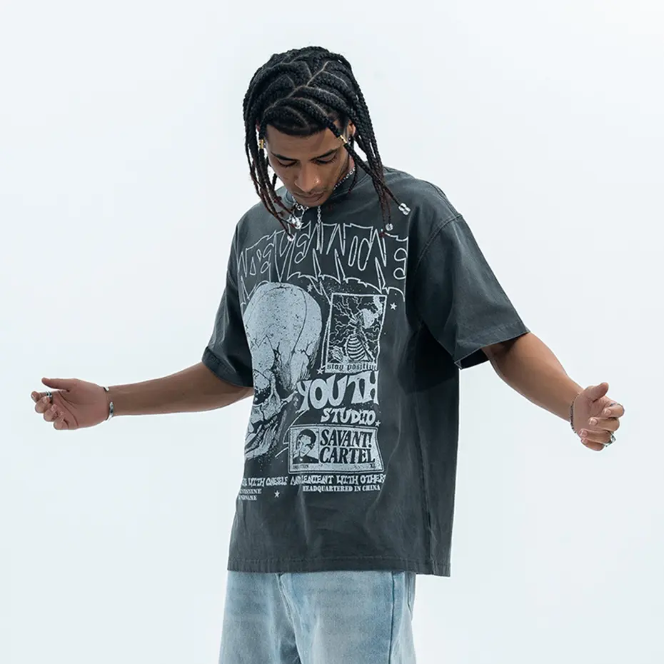 Washed Vintage Skulls Graphic T Shirts Men Streetwear Harajuku Oversized Hip Hop T-shirt Summer Casual Loose Cotton Tee Tops