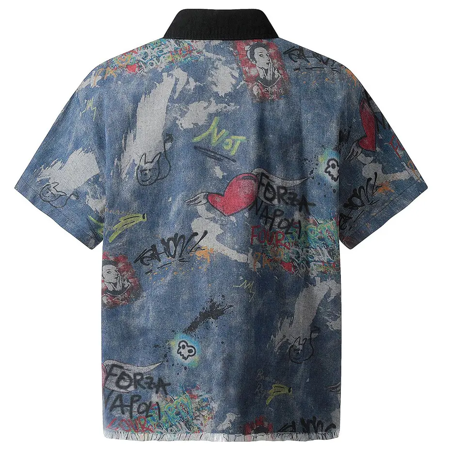 Men's Vintage Denim Shirts Graffiti Printed Oversized Hip Hop Shirts Button Up Blouse Streetwear Harajuku Shirts