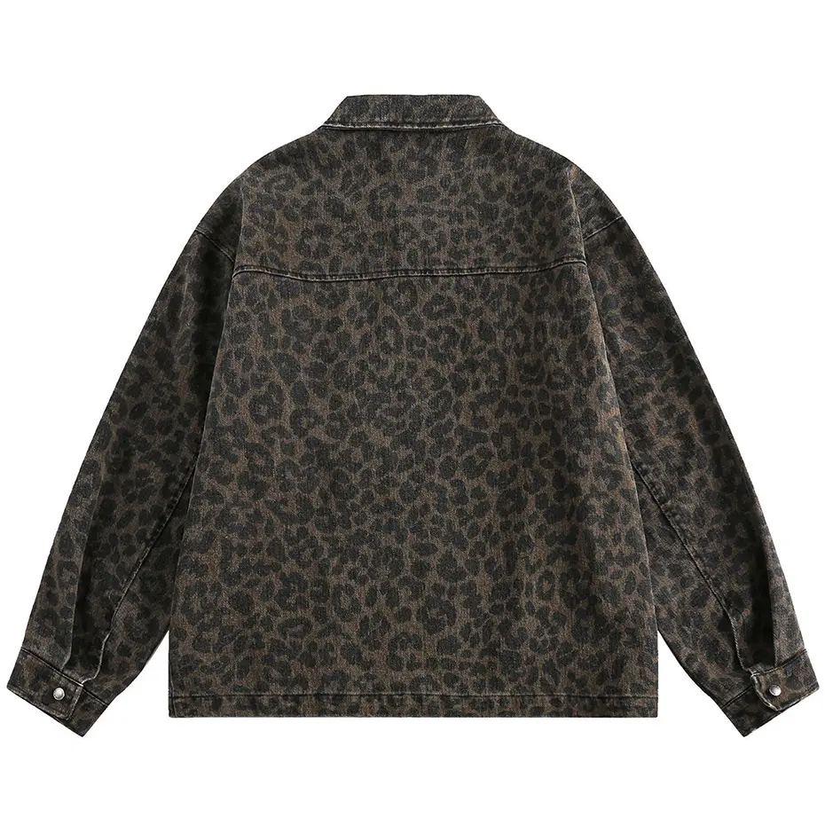 Men Vintage Leopard Jackets Zipper Coat Hip Hop Streetwear Harajuku Hip Hop Jeans Jacket Retro Outwear Male