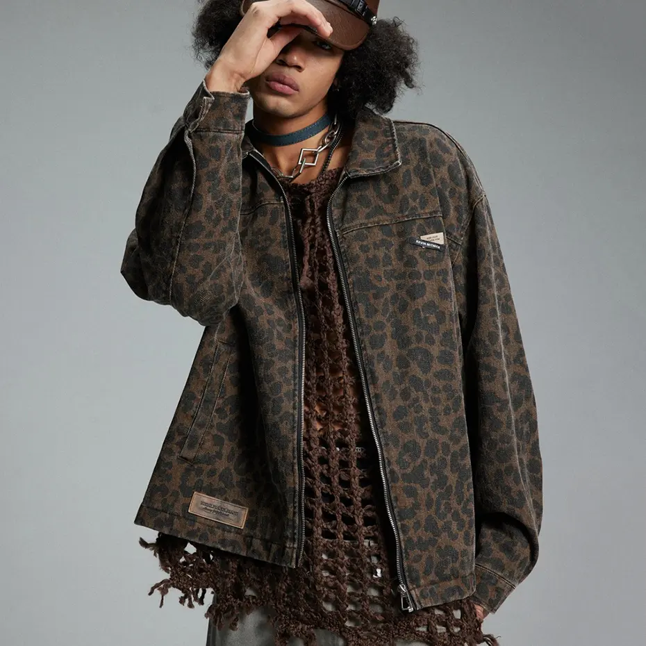 Men Vintage Leopard Jackets Zipper Coat Hip Hop Streetwear Harajuku Hip Hop Jeans Jacket Retro Outwear Male