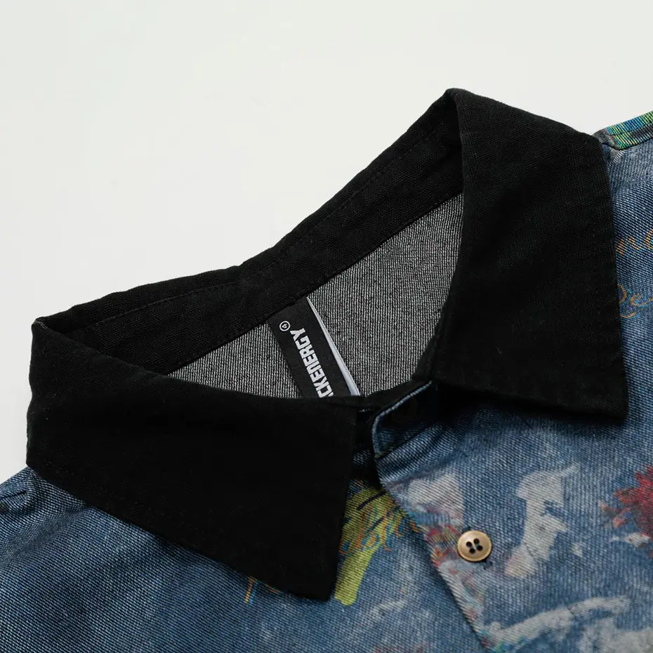 Men's Vintage Denim Shirts Graffiti Printed Oversized Hip Hop Shirts Button Up Blouse Streetwear Harajuku Shirts