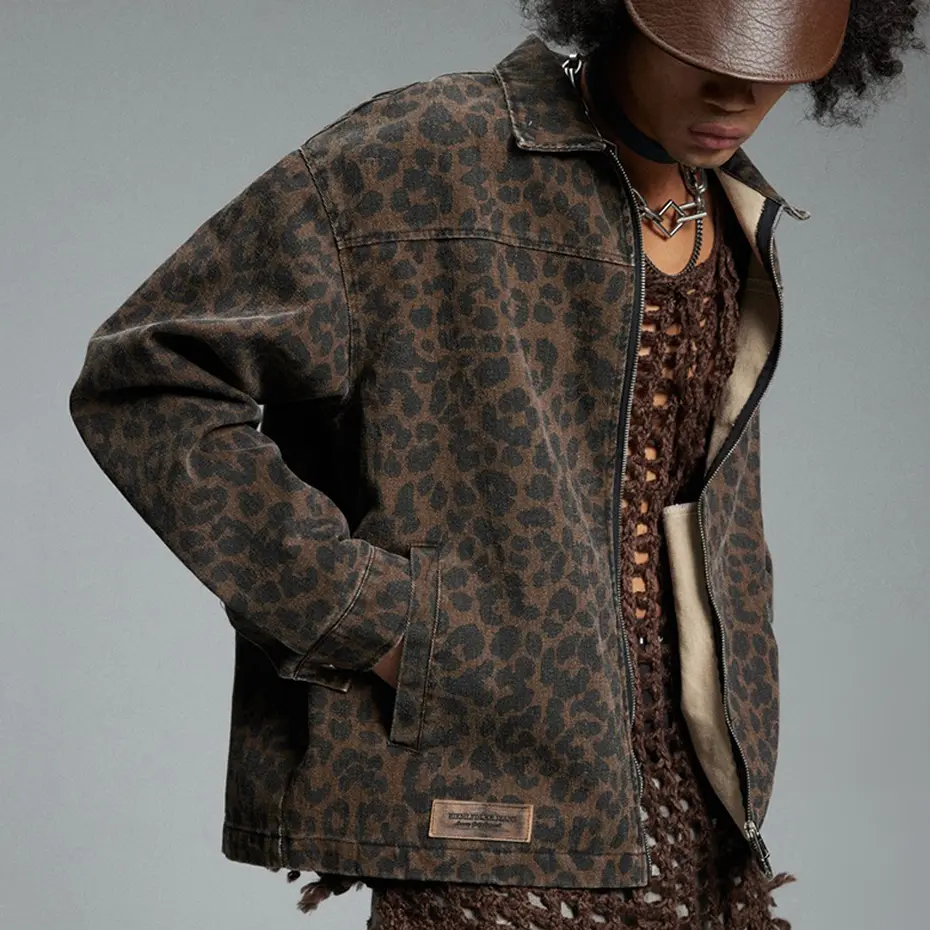 Men Vintage Leopard Jackets Zipper Coat Hip Hop Streetwear Harajuku Hip Hop Jeans Jacket Retro Outwear Male
