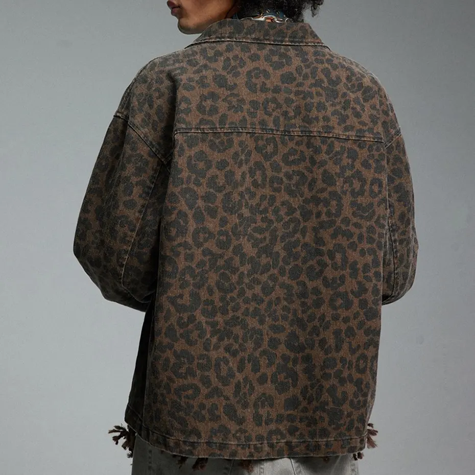 Men Vintage Leopard Jackets Zipper Coat Hip Hop Streetwear Harajuku Hip Hop Jeans Jacket Retro Outwear Male
