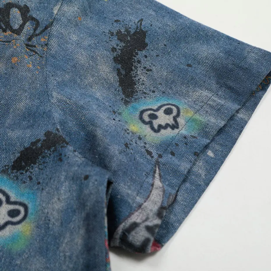 Men's Vintage Denim Shirts Graffiti Printed Oversized Hip Hop Shirts Button Up Blouse Streetwear Harajuku Shirts