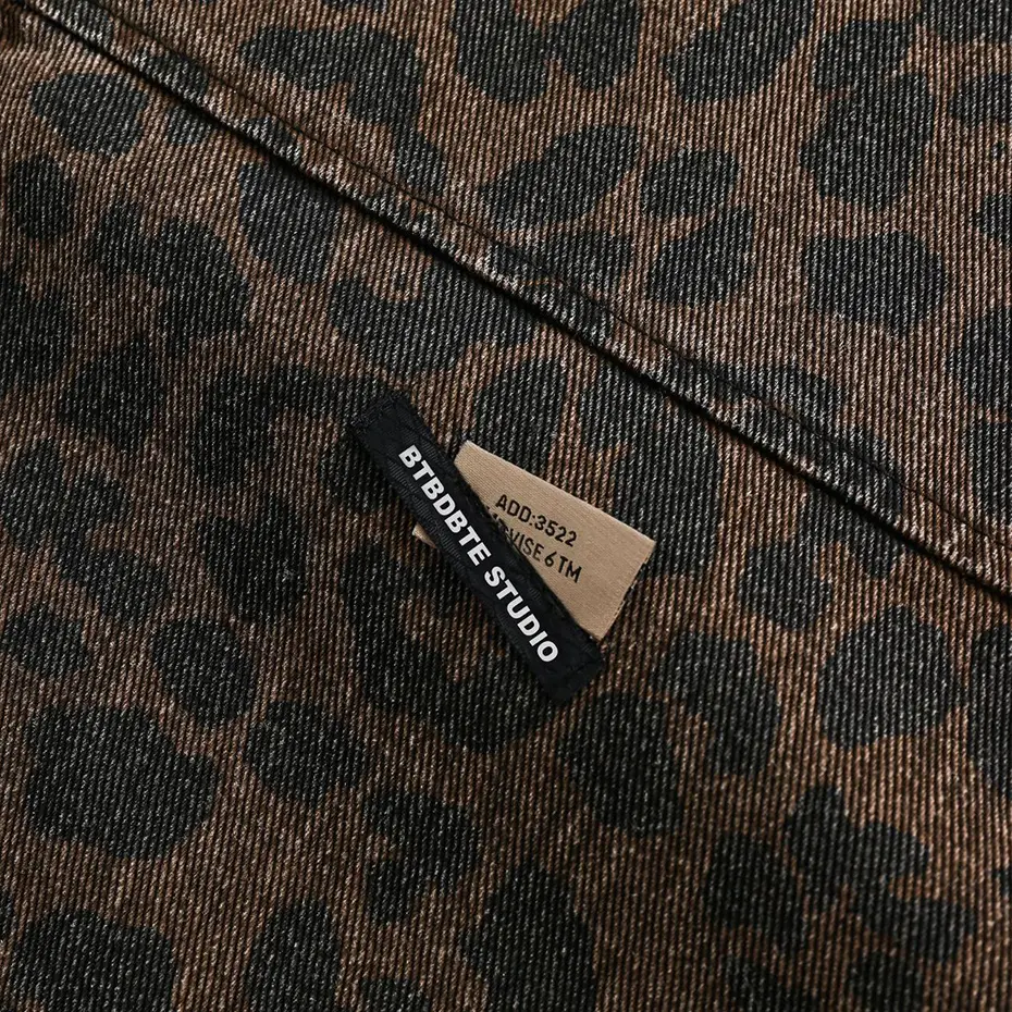 Men Vintage Leopard Jackets Zipper Coat Hip Hop Streetwear Harajuku Hip Hop Jeans Jacket Retro Outwear Male