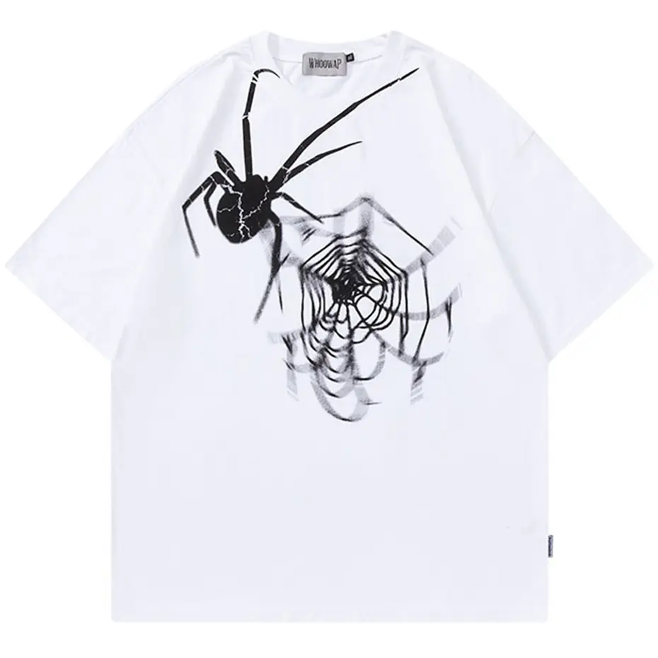 Harajuku Oversized Spider Print T-shirts Hip Hop Streetwear Tee Y2K Tops Men Summer Short Sleeve Loose T Shirt Black White