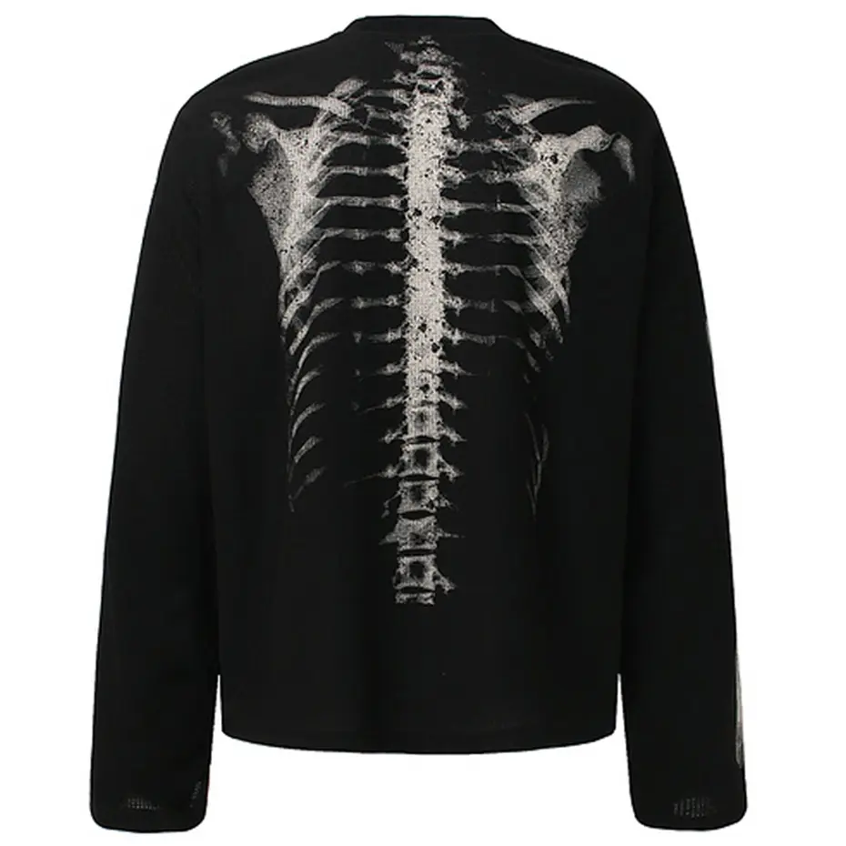 Skeleton Graphic T-shirts Men Streetwear Harajuku Hip Hop Oversized T Shirts Long Sleeve Tee Tops Black Beige