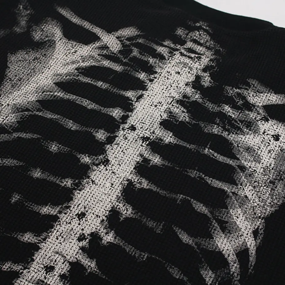 Skeleton Graphic T-shirts Men Streetwear Harajuku Hip Hop Oversized T Shirts Long Sleeve Tee Tops Black Beige