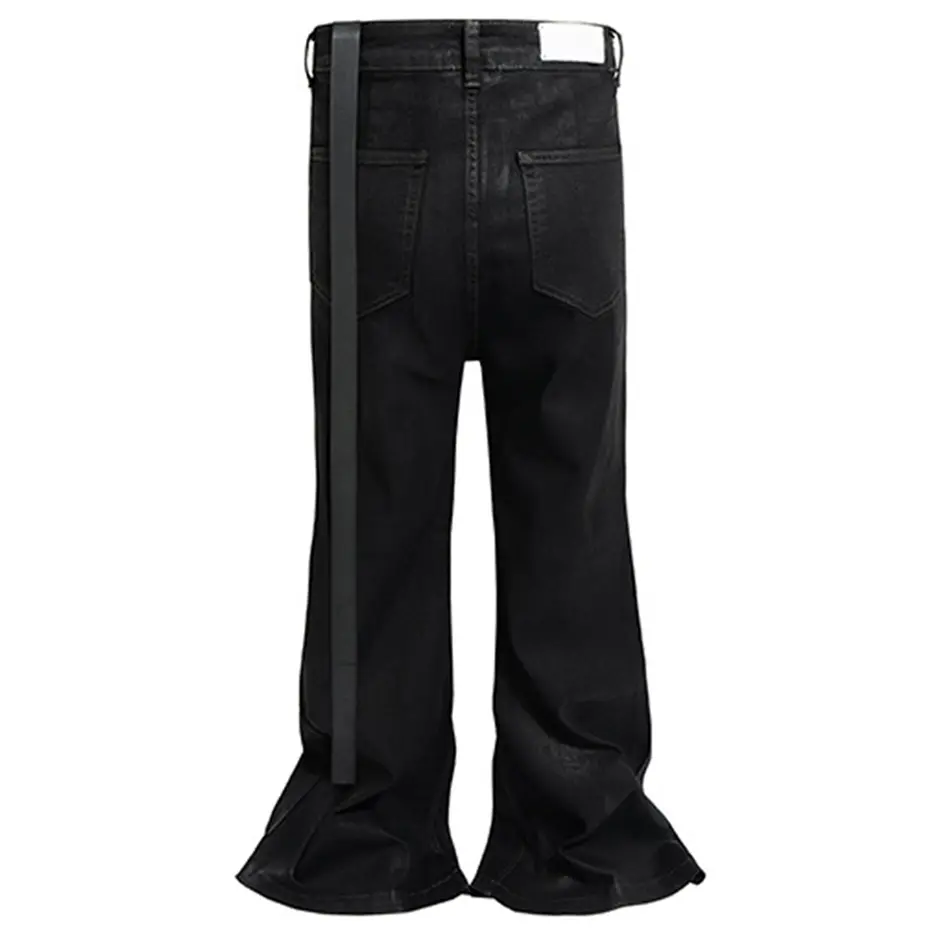 RO Style Coating Jeans Fashion Black Slim Flared Jeans with Ribbons Men Streetwear Trend Denim Pants