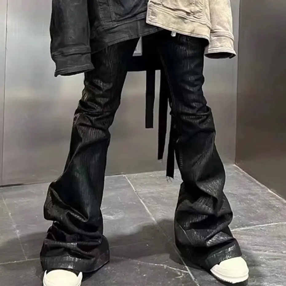 RO Style Coating Jeans Fashion Black Slim Flared Jeans with Ribbons Men Streetwear Trend Denim Pants