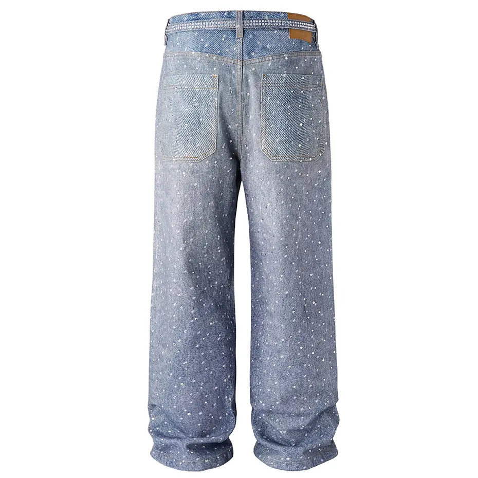 Rhinestone Jeans Hi Street Blue Baggy Jeans Men Loose Straight Denim Pants Streetwear Vintage Harajuku Jeans