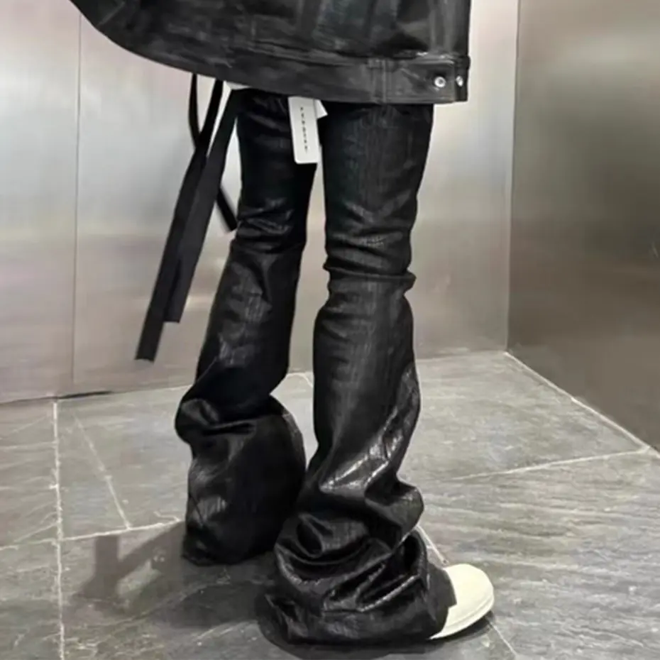 RO Style Coating Jeans Fashion Black Slim Flared Jeans with Ribbons Men Streetwear Trend Denim Pants