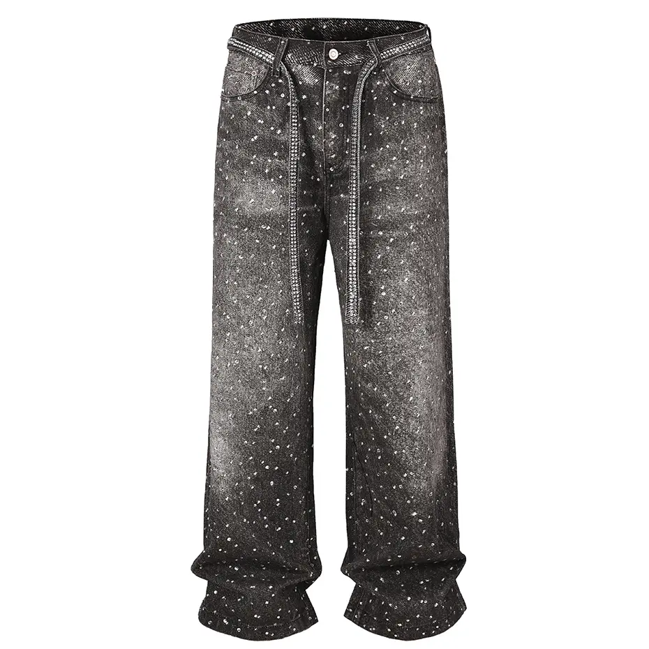 Rhinestone Jeans Hi Street Blue Baggy Jeans Men Loose Straight Denim Pants Streetwear Vintage Harajuku Jeans