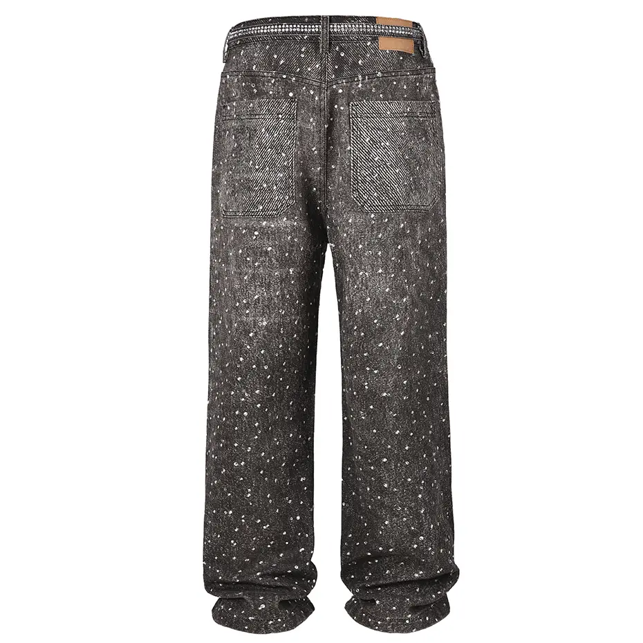 Rhinestone Jeans Hi Street Blue Baggy Jeans Men Loose Straight Denim Pants Streetwear Vintage Harajuku Jeans