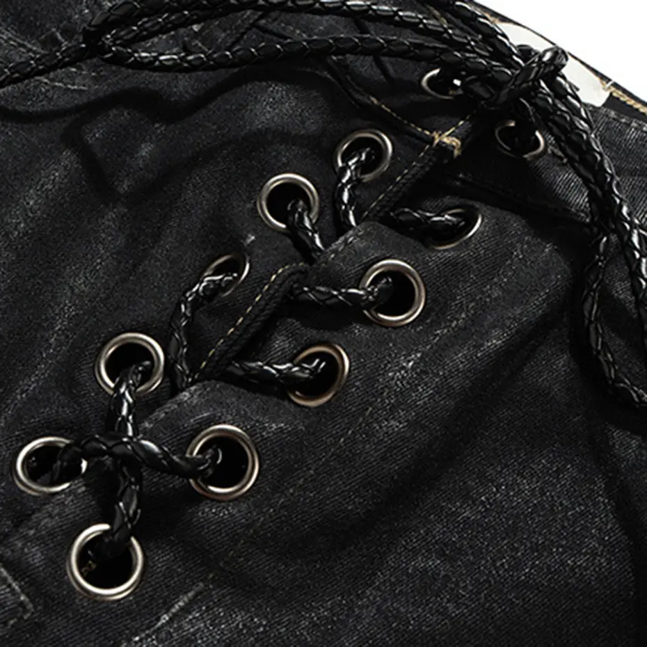 RO Style Coating Jeans Fashion Black Slim Flared Jeans with Ribbons Men Streetwear Trend Denim Pants