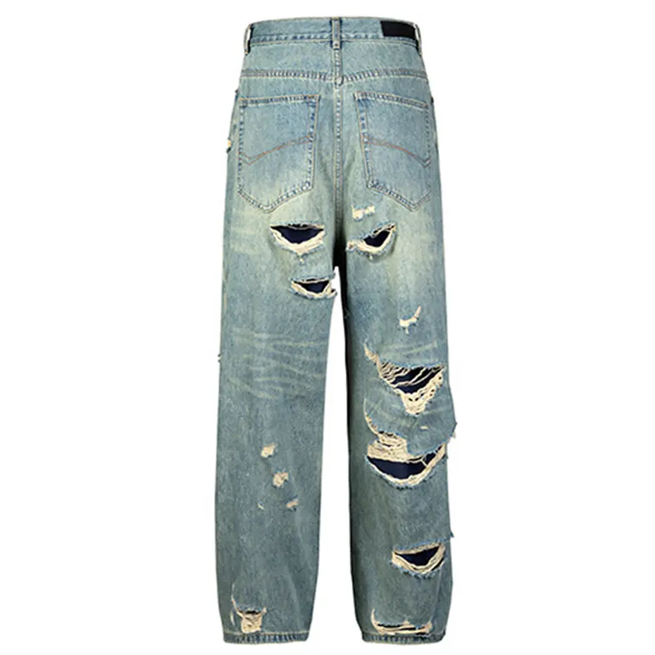 Hip Hop Ripped Jeans Distressed Double Layer Baggy Denim Pants Men's Fashion Streetwear Harajuku Blue Jeans