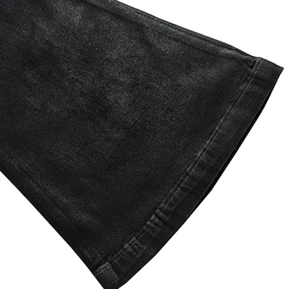 RO Style Coating Jeans Fashion Black Slim Flared Jeans with Ribbons Men Streetwear Trend Denim Pants