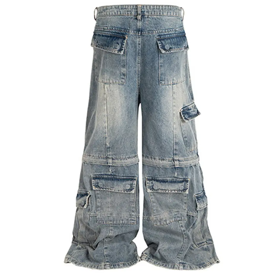 Vintage Blue Baggy Jeans Multi Pocket Loose Wide Leg Denim Pants Men Streetwear Harajuku Hip Hop Jeans