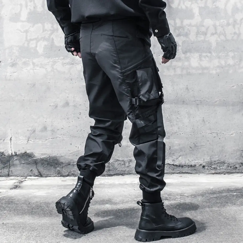 Punk Cargo Pants Men Multi Ribbon Pocket Splicing Ninja Pants Streetwear Joggers Men Black Hip Hop Sweatpants Trousers