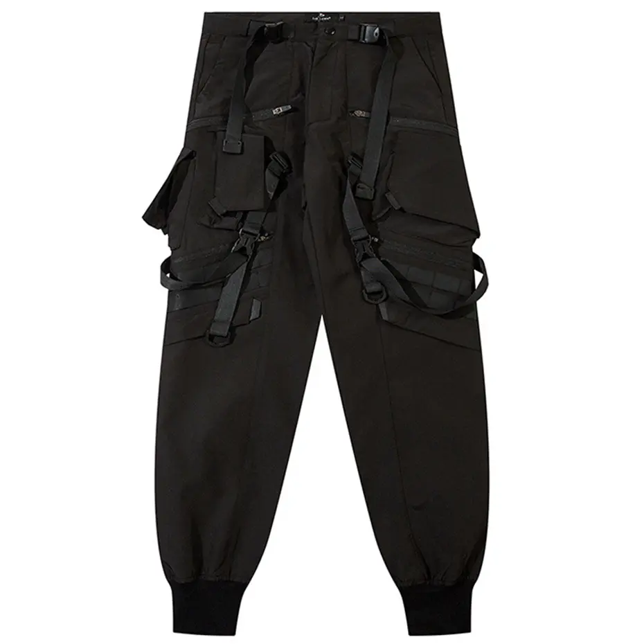 Punk Cargo Pants Men Multi Ribbon Pocket Splicing Ninja Pants Streetwear Joggers Men Black Hip Hop Sweatpants Trousers