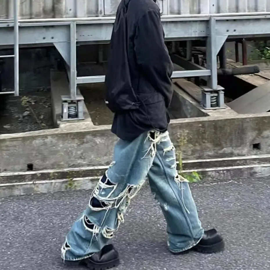 Hip Hop Ripped Jeans Distressed Double Layer Baggy Denim Pants Men's Fashion Streetwear Harajuku Blue Jeans