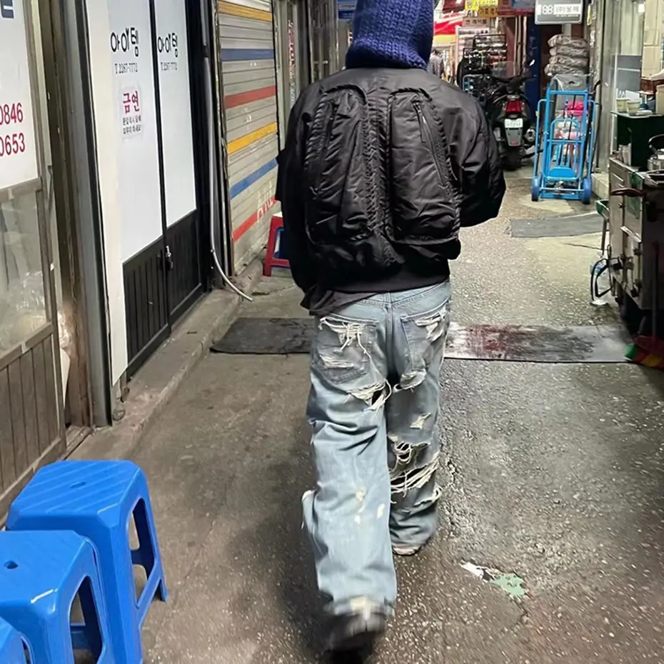 Hip Hop Ripped Jeans Distressed Double Layer Baggy Denim Pants Men's Fashion Streetwear Harajuku Blue Jeans