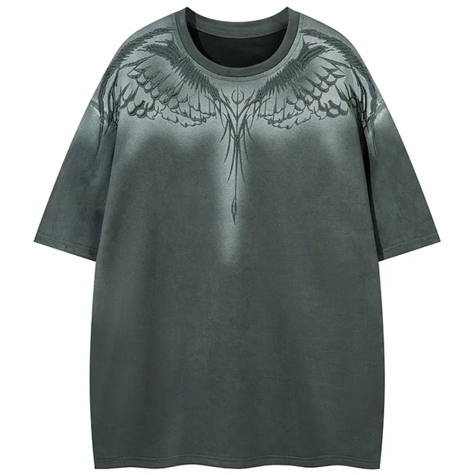Wings Embroidery Suede T Shirts Men Streetwear Harajuku Hip Hop Oversized T-shirts Vintage Loose Short Sleeve Tee Tops