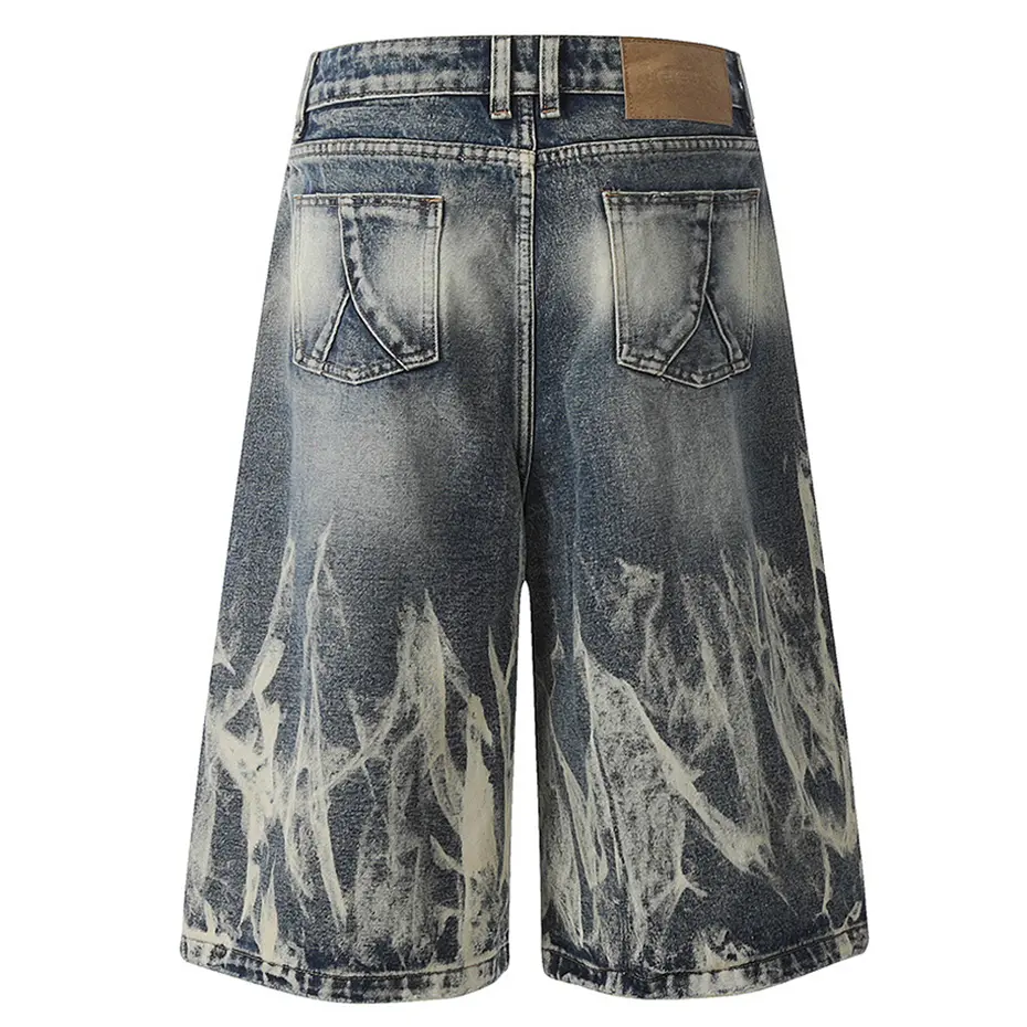 Hi Street Men Blue Denim Shorts Tie Dye Loose Wide Leg Jeans Shorts Streetwear Harajuku Hip Hop Oversized Denim Shorts